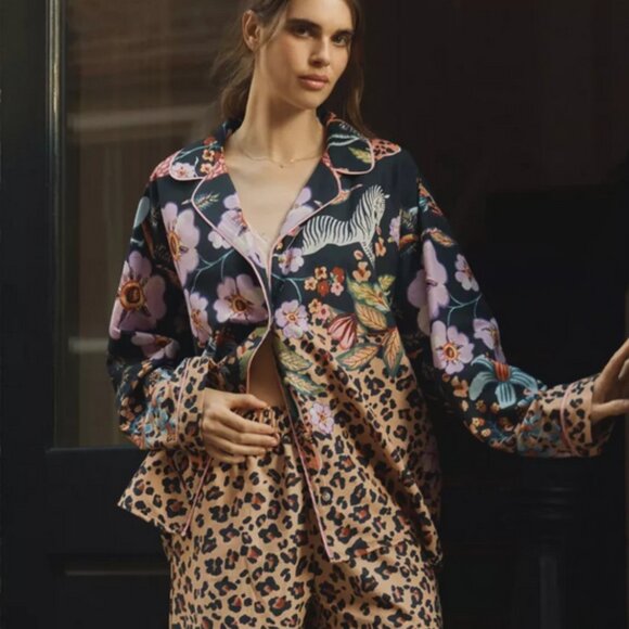 Anthropologie LyreBird Cloud Flannel Pajama Top Sleep Shirt Zebra Leopard XXS - Picture 5 of 6